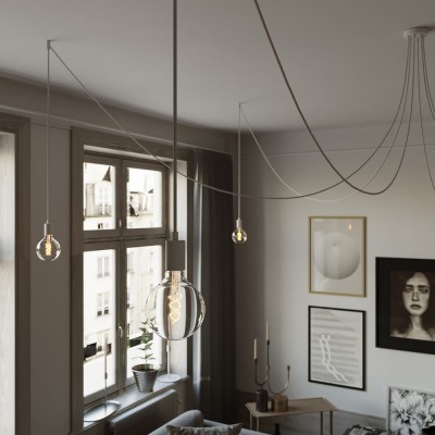 Spider - Suspension with 6 pendants Made in Italy complete with bulbs, fabric cable, and metal finishes