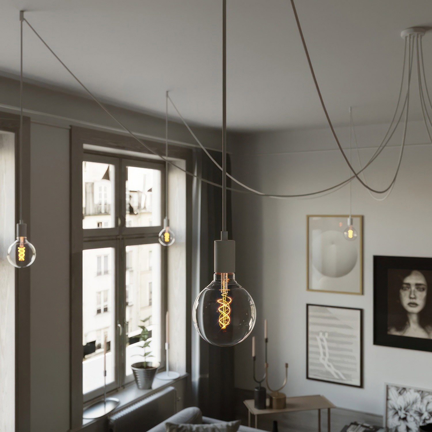 Spider - Suspension with 7 pendants Made in Italy complete with bulbs, fabric cable, and metal finishes