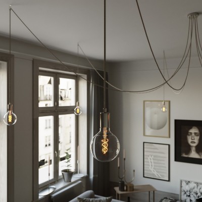 Spider - Suspension with 7 pendants Made in Italy complete with bulbs, fabric cable, and metal finishes