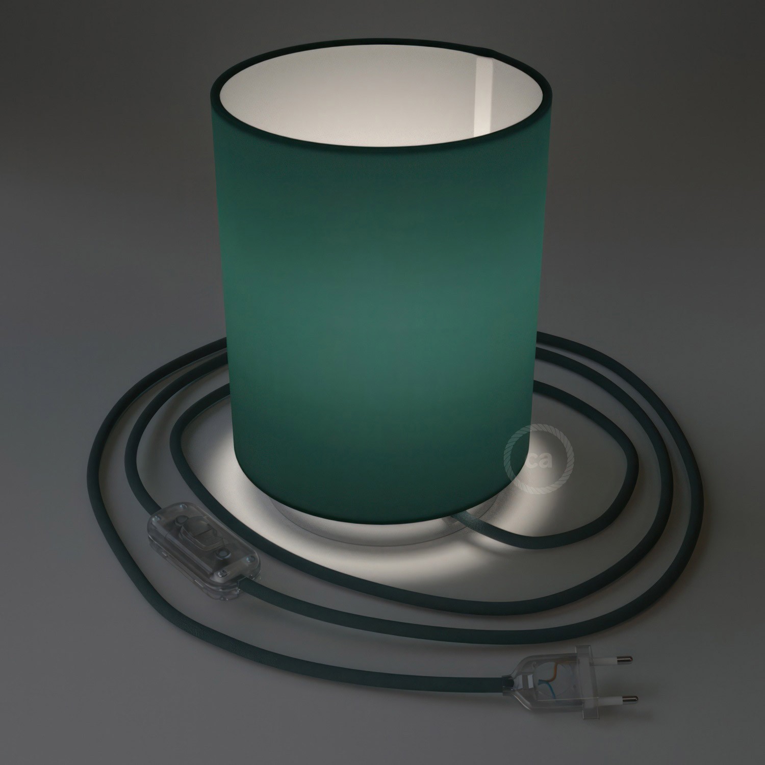 Lampe Posaluce en métal avec abat-jour Cilindro Cinette pétrole, avec câble textile, interrupteur et prise bipolaire