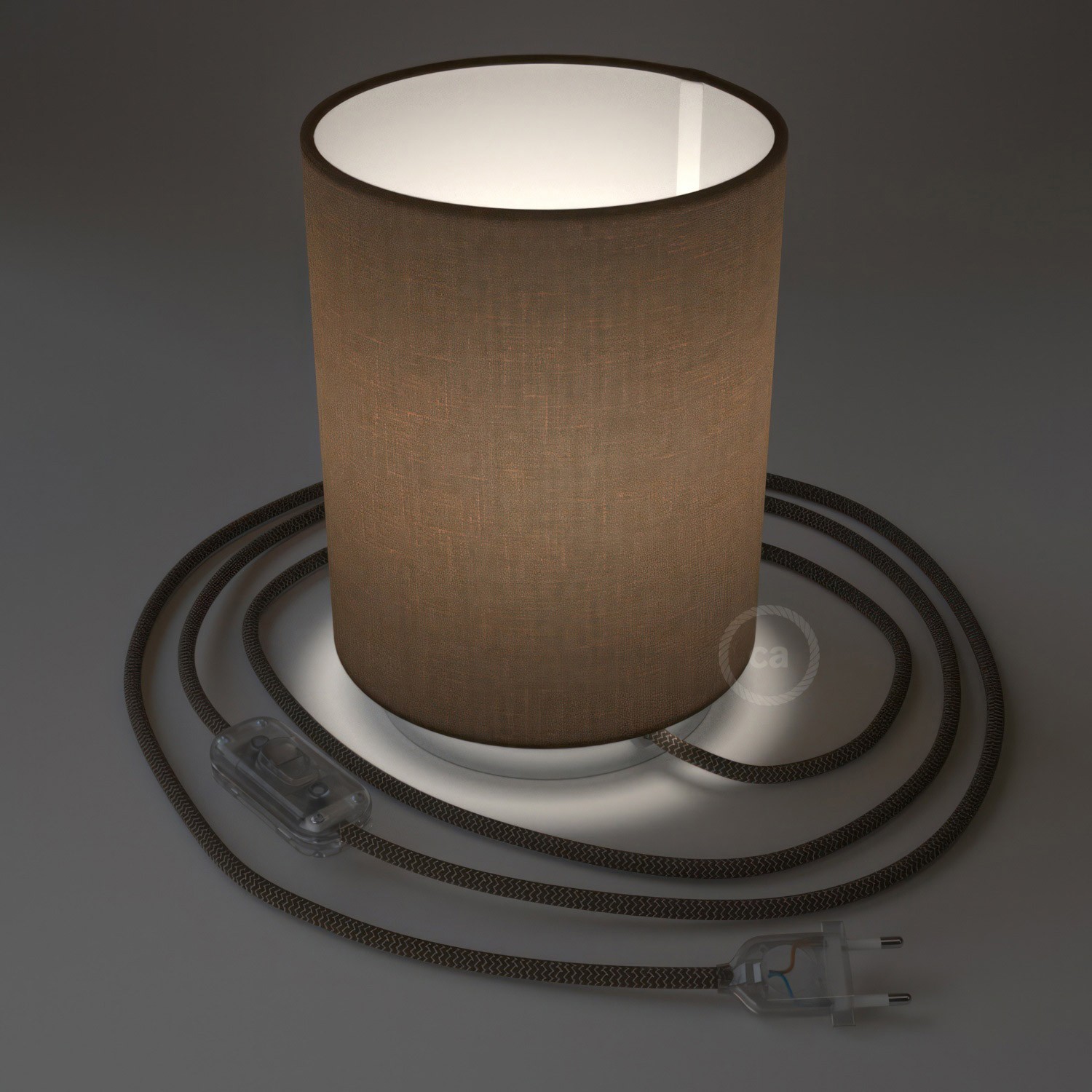 Lampe Posaluce en métal avec abat-jour Cilindro Camelot marron, avec câble textile, interrupteur et prise bipolaire