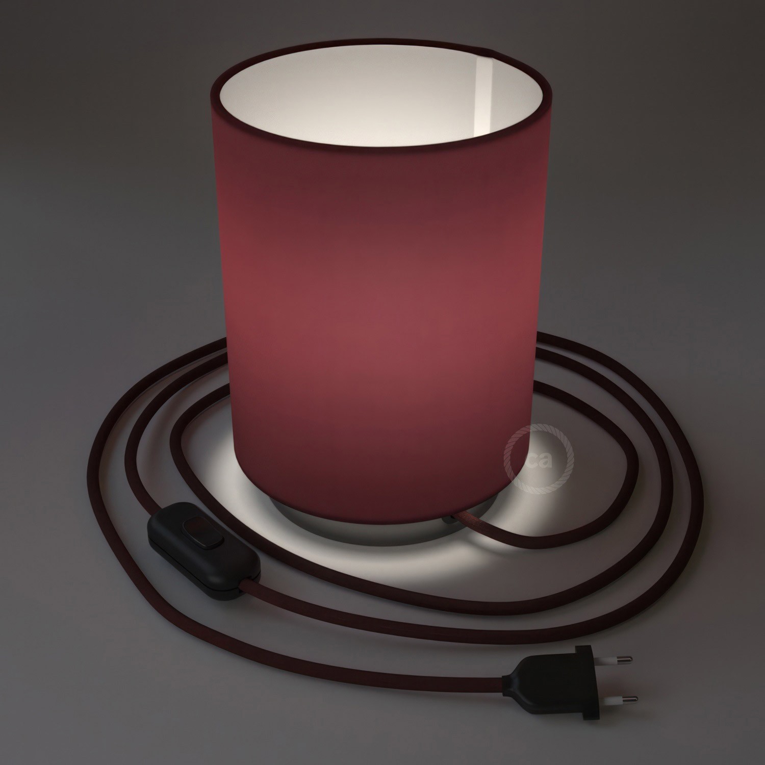 Lampe Posaluce en métal avec abat-jour Cilindro en toile bordeaux, avec câble textile, interrupteur et prise bipolaire