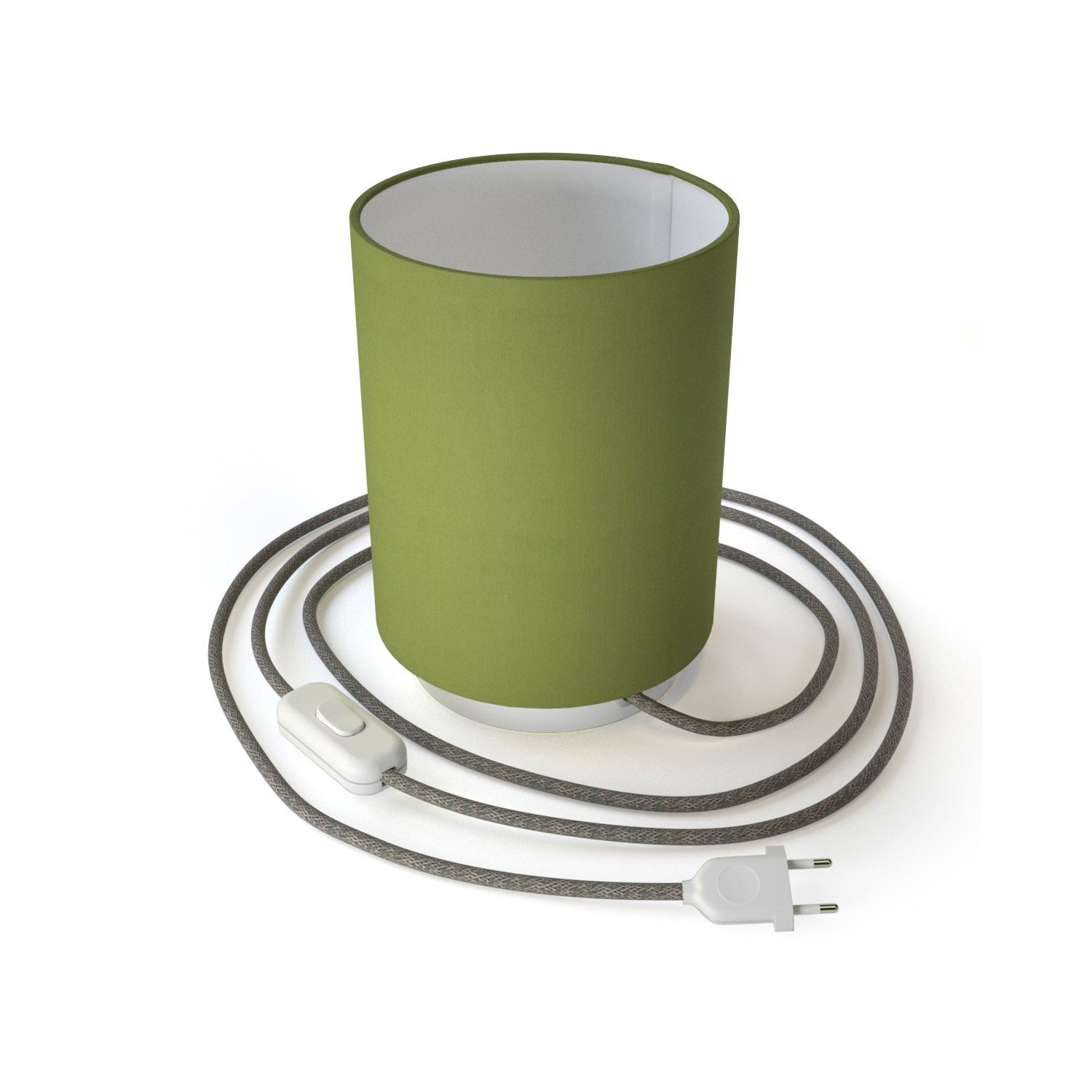 Posaluce Metal met Cilindro lampenkap van olijfgroen canvas, inclusief lichtbron, textielkabel, schakelaar en 2-polige stekker