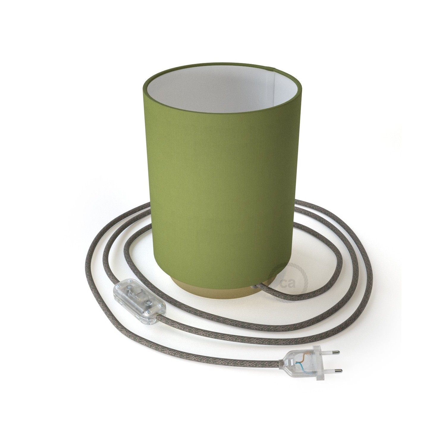Posaluce Metal met Cilindro lampenkap van olijfgroen canvas, inclusief lichtbron, textielkabel, schakelaar en 2-polige stekker