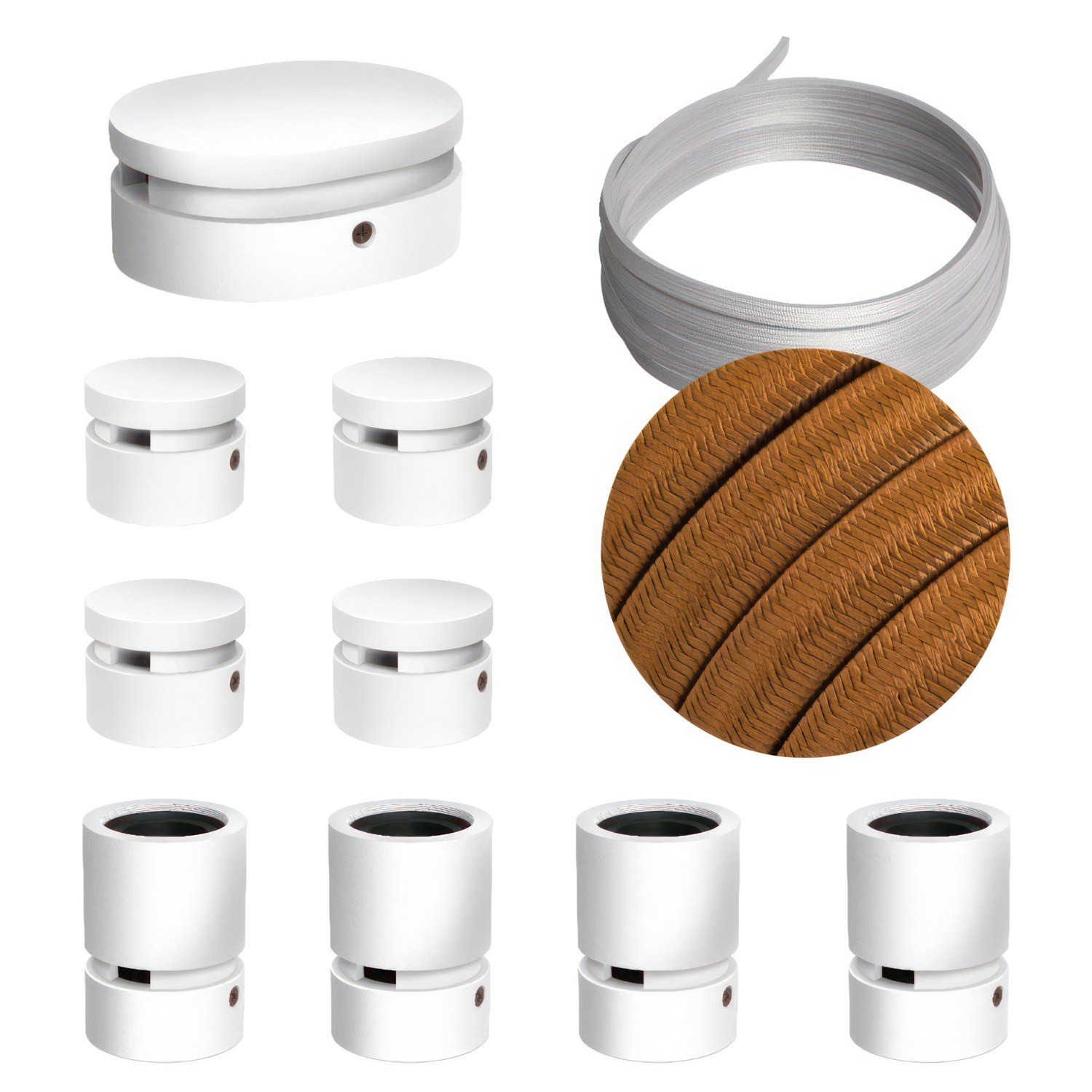 Filé Symmetric kit systeem - met 5 m. prikkabel voor lichtsnoer en 9 componenten van wit gelakt hout voor binnenruimtes.