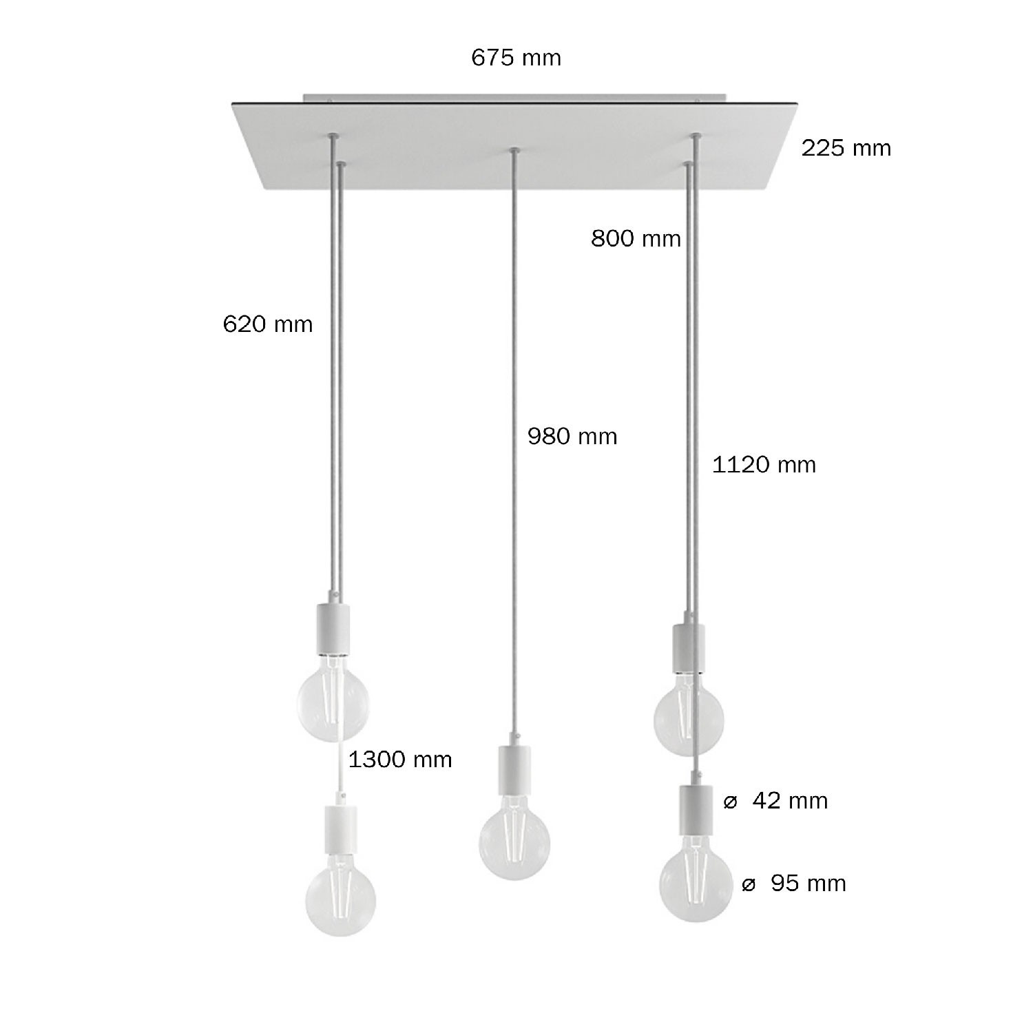 5 lichts-hanglamp voorzien van XXL rechthoekige Rose-One 675 mm compleet met strijkijzersnoer en metalen afwerking