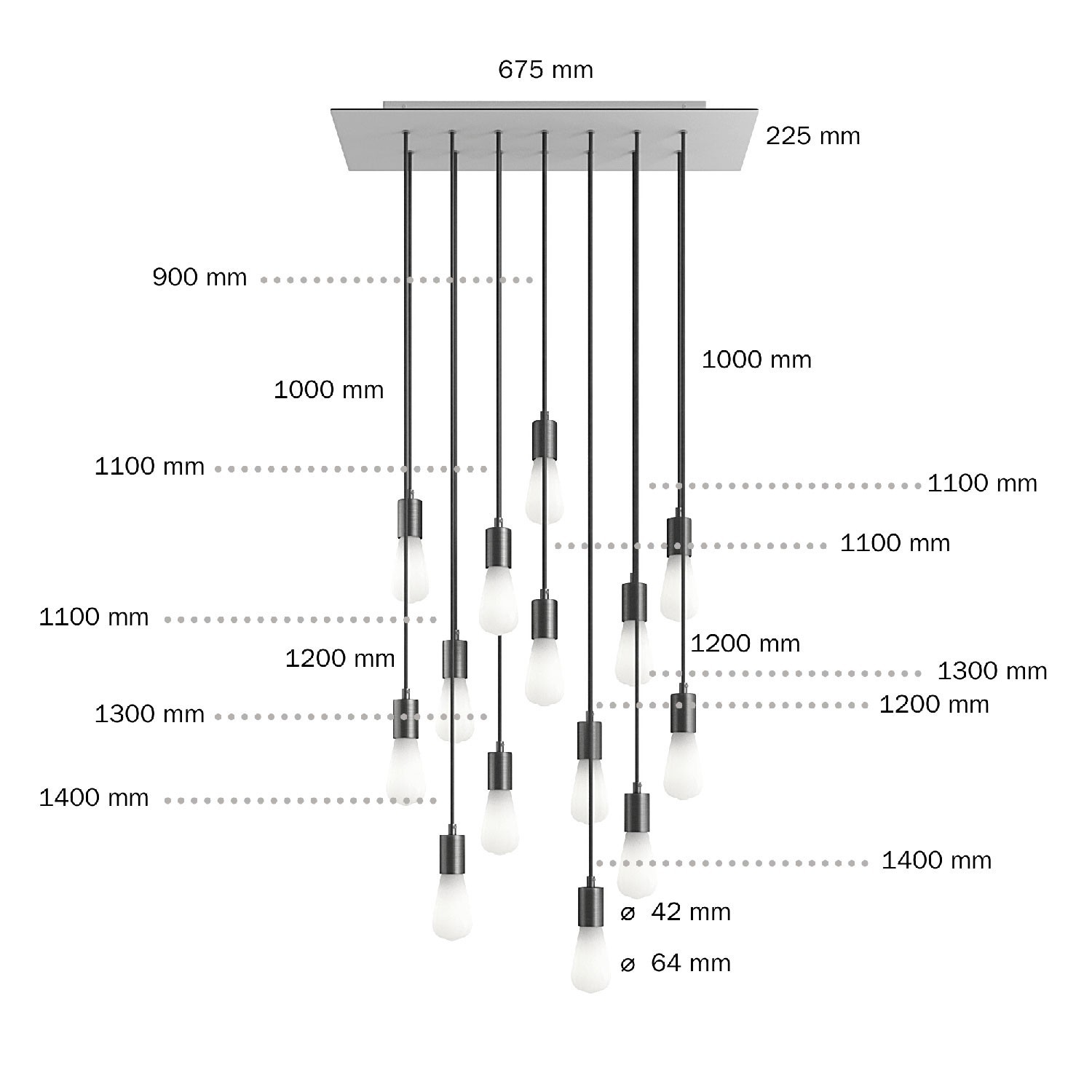14 lichts-hanglamp voorzien van XXL rechthoekige Rose-One 675 mm compleet met strijkijzersnoer en metalen afwerking