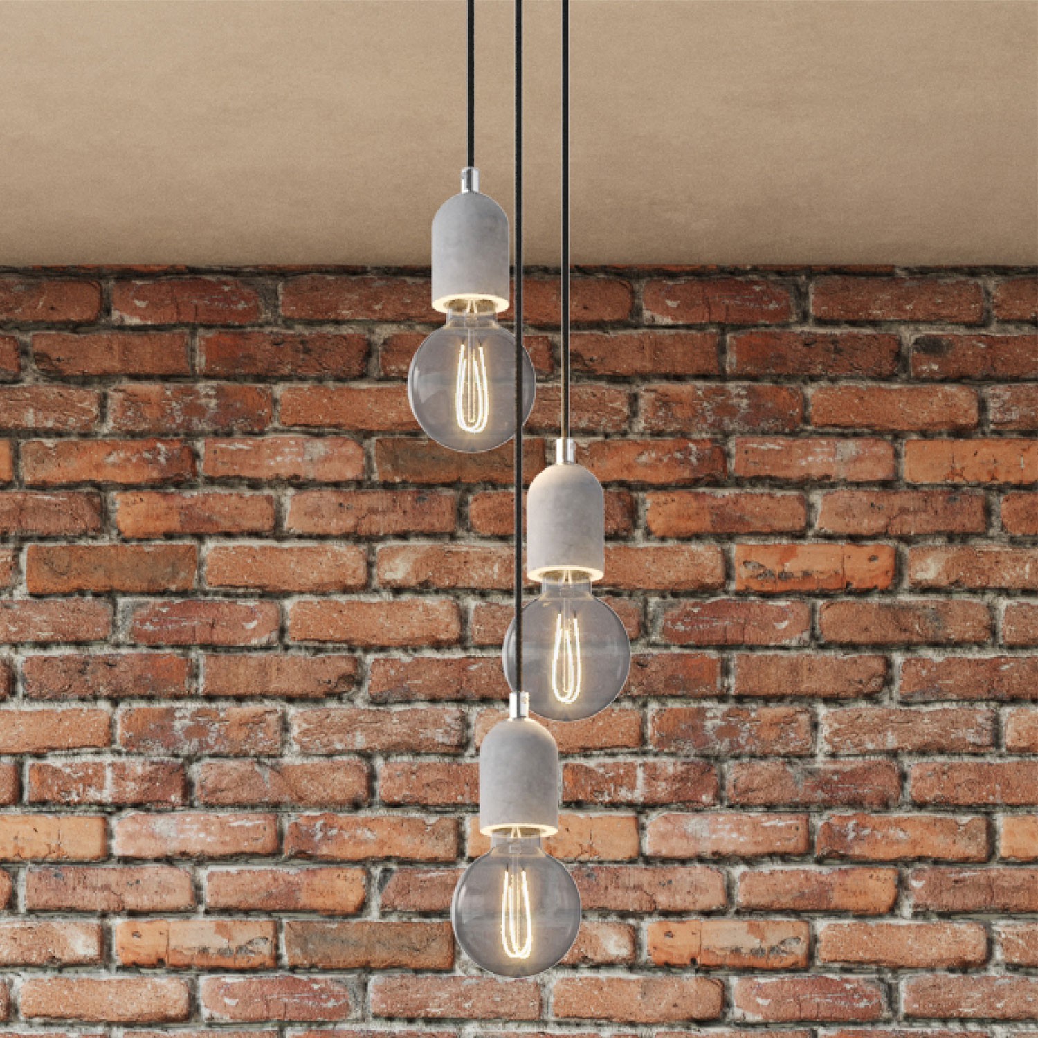 Lampe suspension multiple 3 bras avec Rose-One rond 200 mm, câble textile et finitions en béton