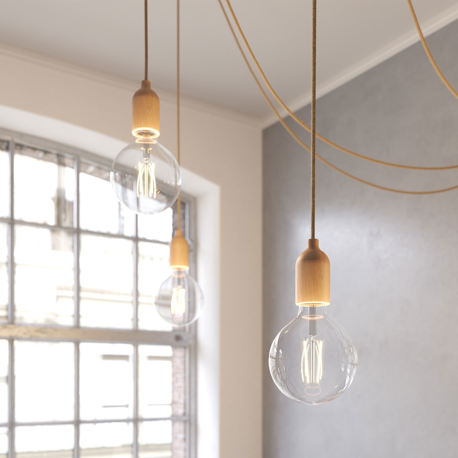 Spider - Multi-hanglamp Made in Italy met 4 lichtpunten, compleet met strijkijzerkabel en houten afwerkingen