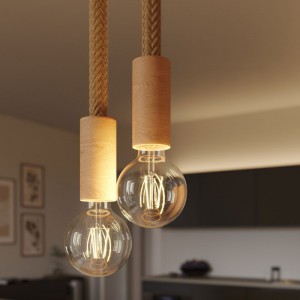 Hanglamp met 2 lichtpunten, compleet met touw 2XL en houten afwerkingen
