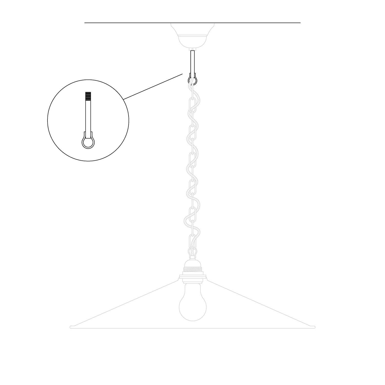 Gegoten stang met gelaste haak voor kroonluchters met ketting - Lengte 85 mm (M10x1)