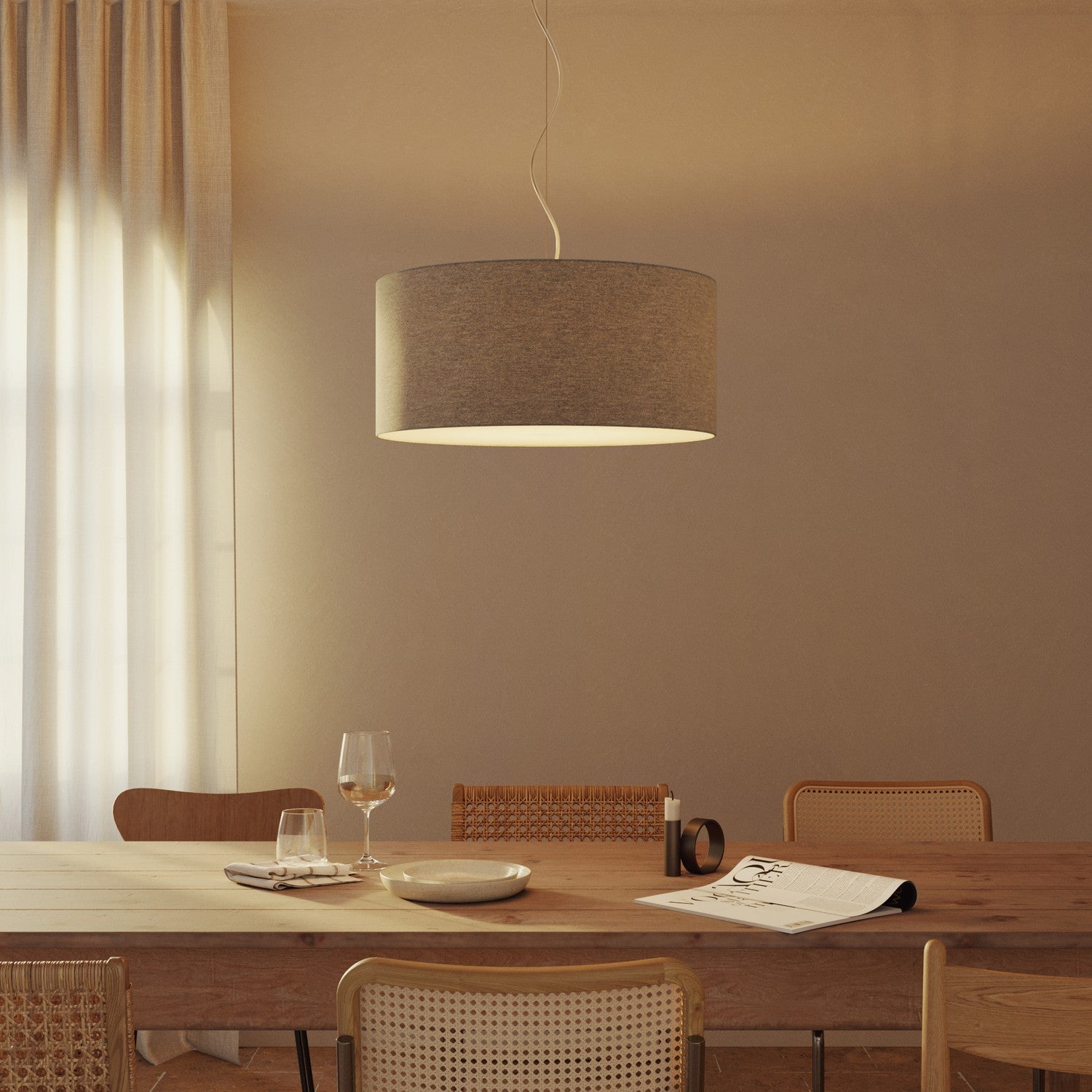 Lampada a sospensione con paralume in tessuto Cilindro Large - Made in Italy - Lana Grigio Chiaro Si