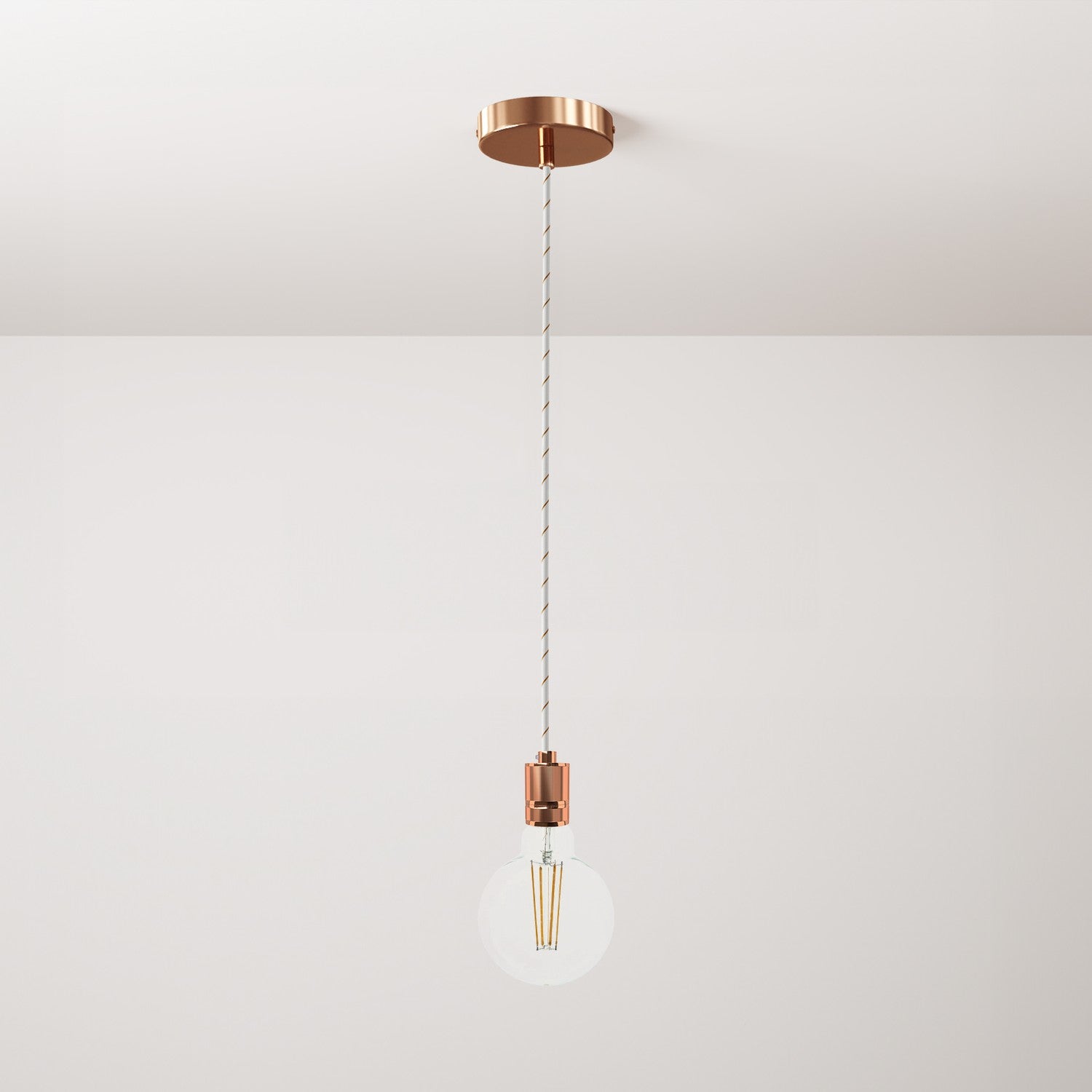 Lampada a sospensione completa di cavo tessile e portalampada in alluminio zigrinato - Rame