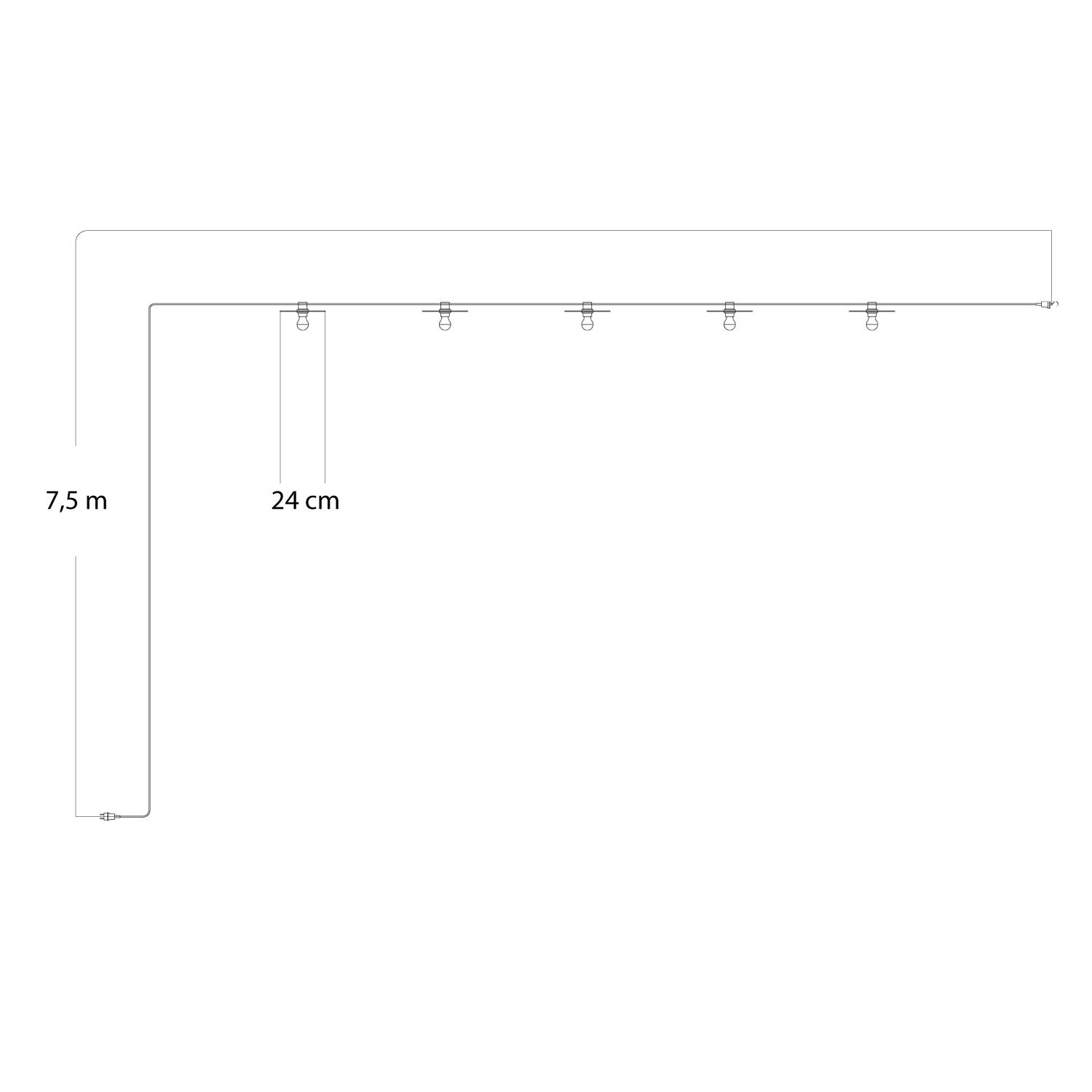 Catenaria Sistema Lumet 'Maioliche' da 7,5 m con cavo tessile, 5 portalampada e paralumi Blu, gancio e spina nera