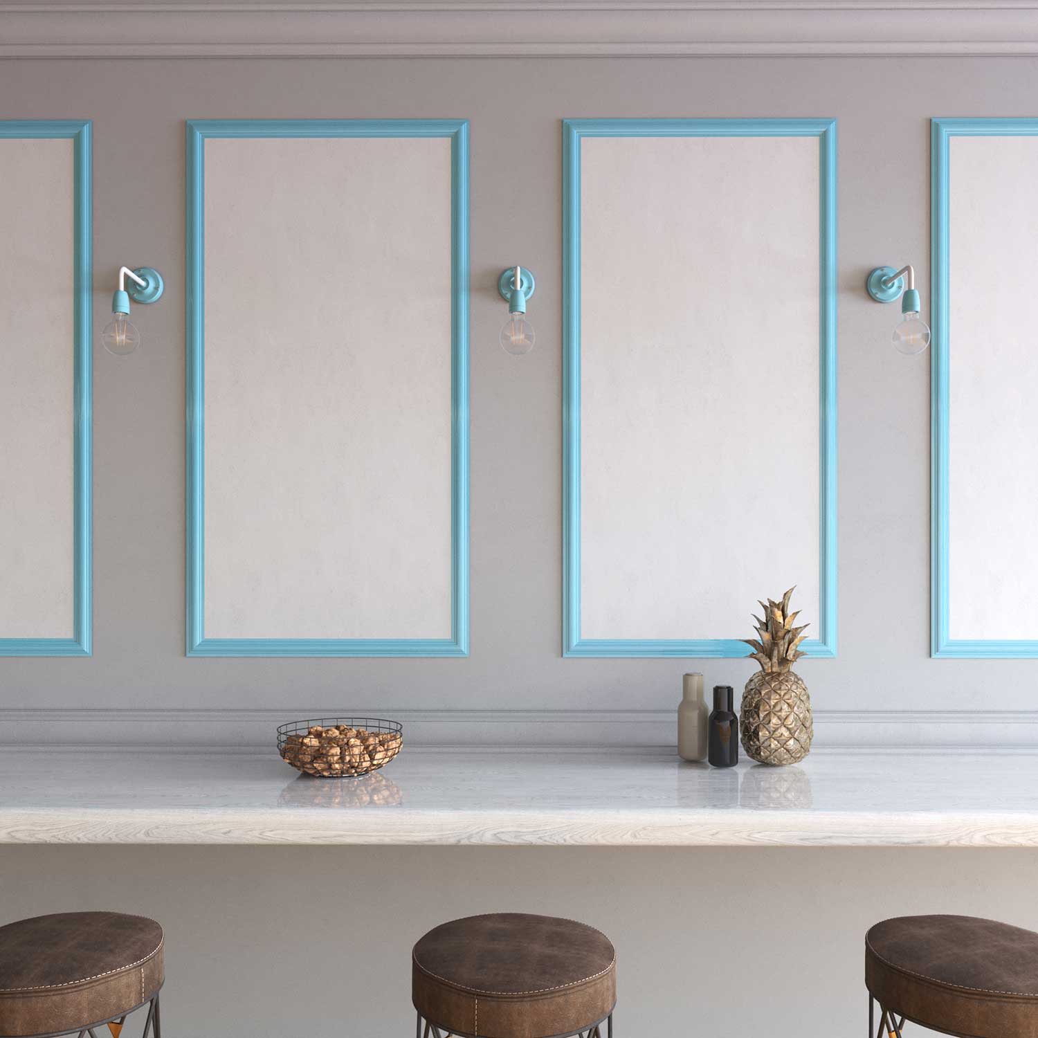 Fermaluce Color, lampada a muro in metallo e porcellana con estensione curva - Azzurro