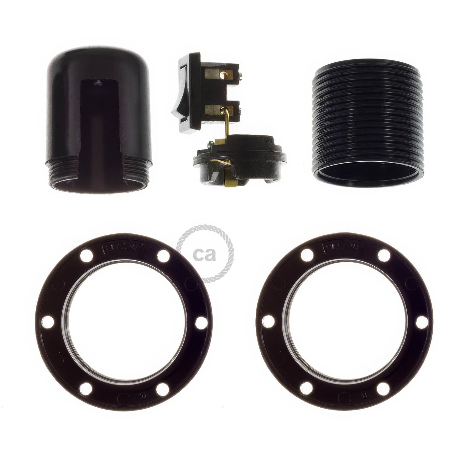 Kit portalampada E27 in bakelite con doppia ghiera per paralume e interruttore - Nero - Creative Cables