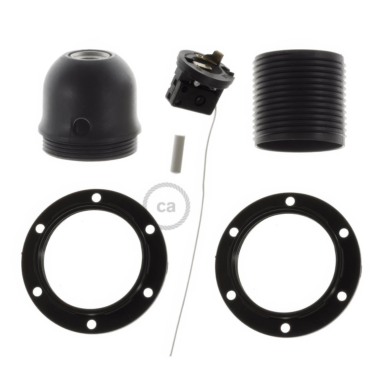 Kit portalampada E27 in termoplastica con doppia ghiera per paralume e interruttore a tirante - Nero