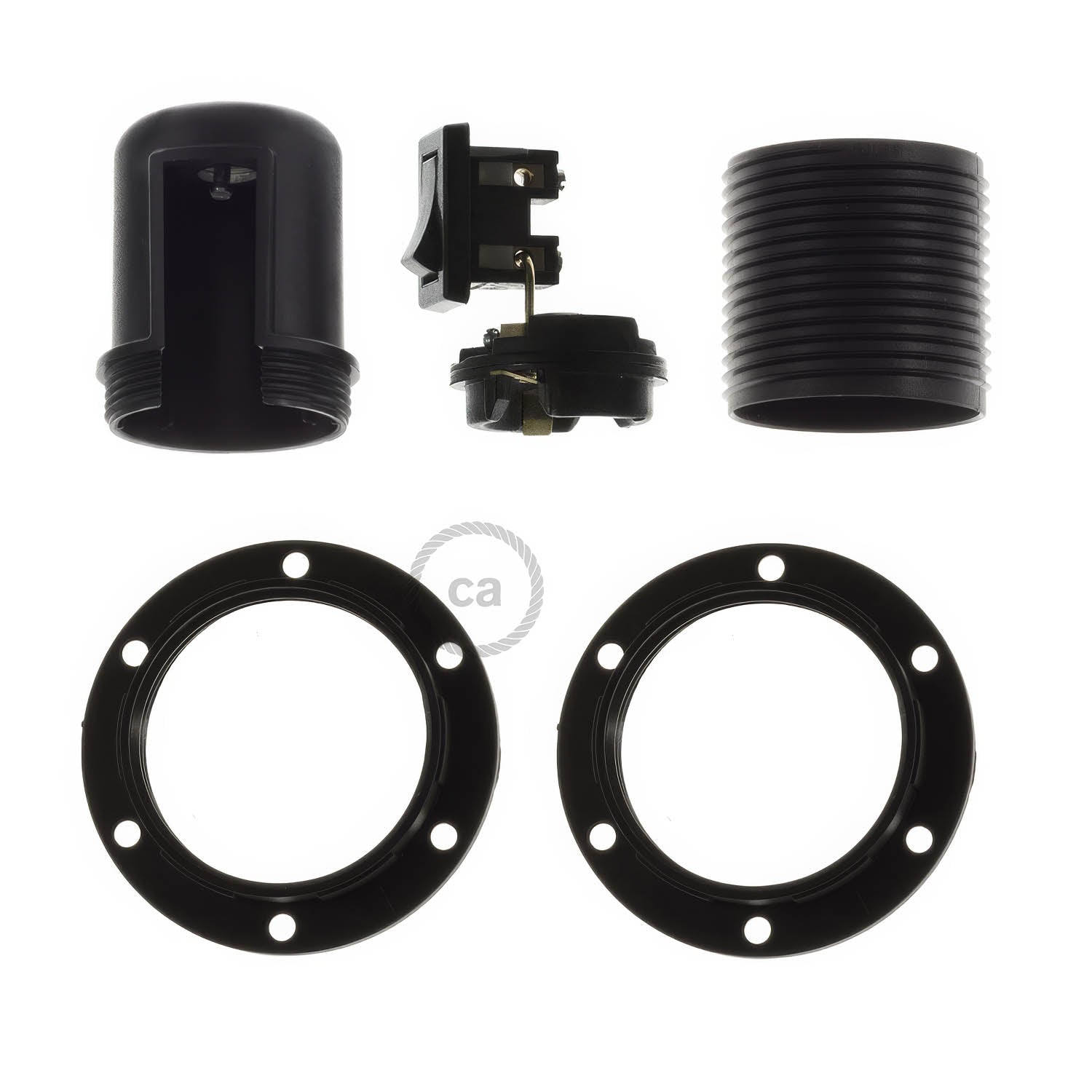 Kit portalampada E27 in termoplastica con doppia ghiera per paralume e interruttore - Nero - Creative Cables