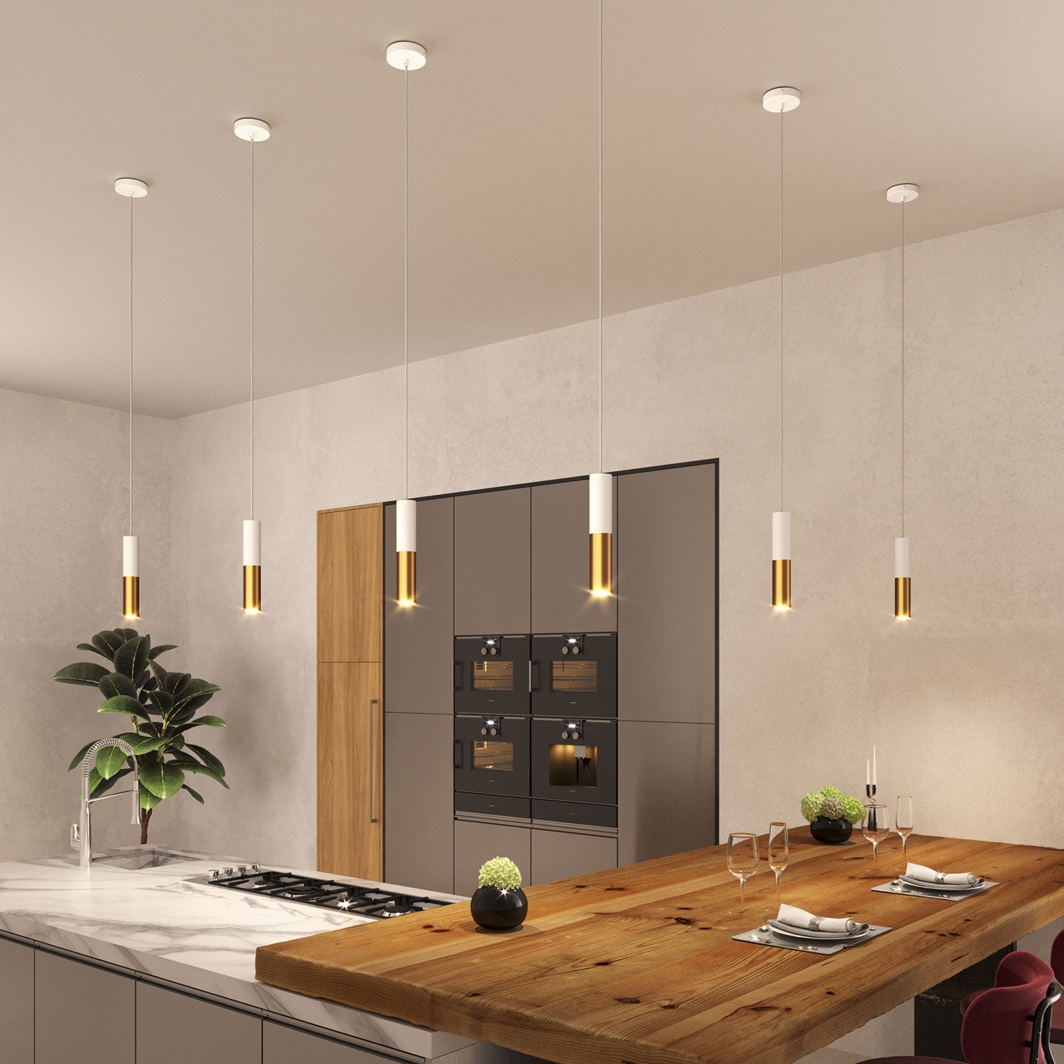 Lampada a sospensione completa di cavo tessile e doppio paralume Tub-E14 - Bianco opaco e Bronzo satinato