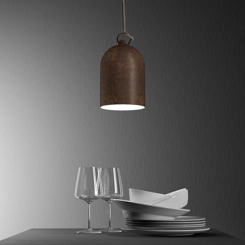 Lampada a sospensione completa di cavo tessile e paralume Mini Campana XS in ceramica - Effetto corten