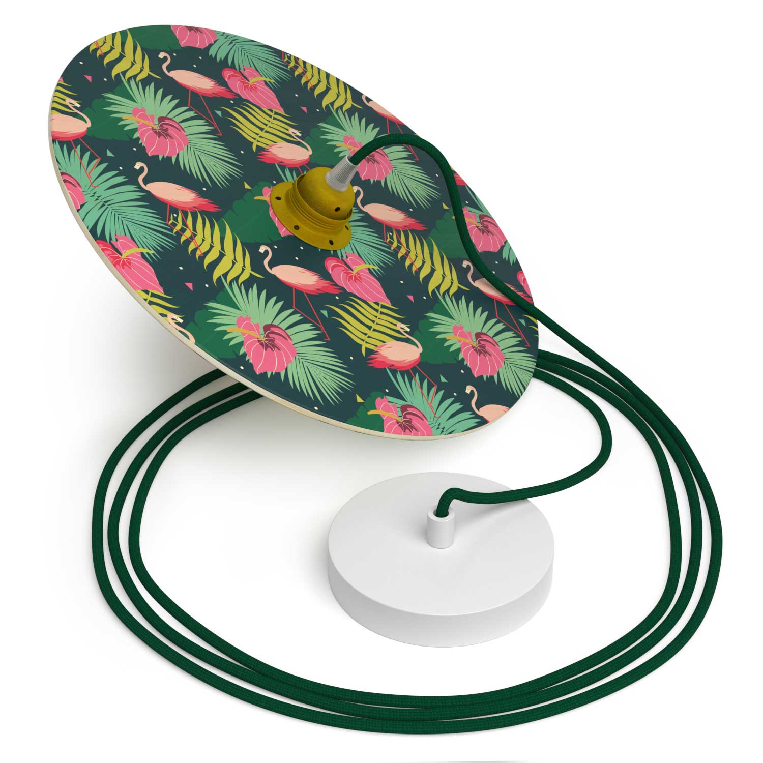 Lampada a sospensione completa di cavo tessile, paralume in legno UFO double-face e finiture in metallo - Annachiara Zaminato