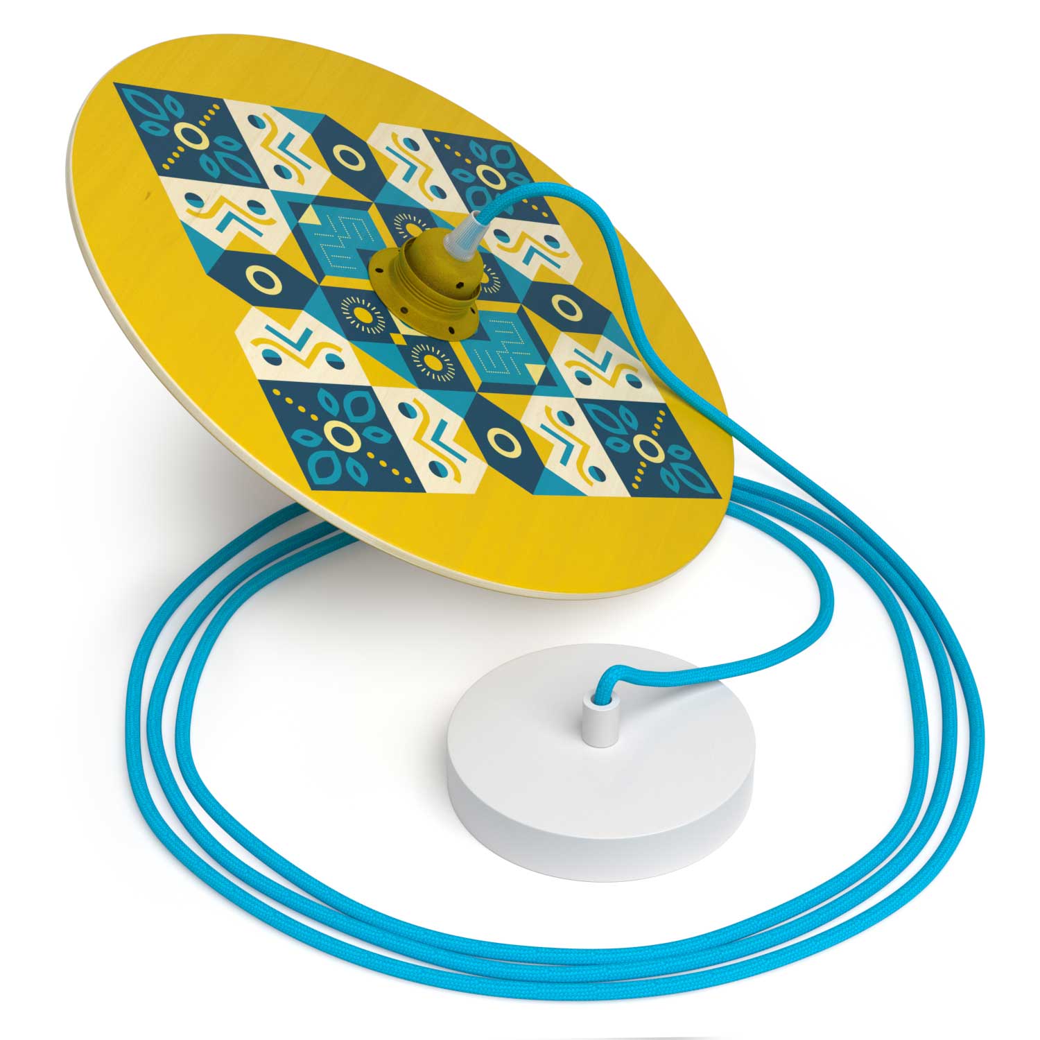 Lampada a sospensione completa di cavo tessile, paralume in legno UFO double-face e finiture in metallo - ODD