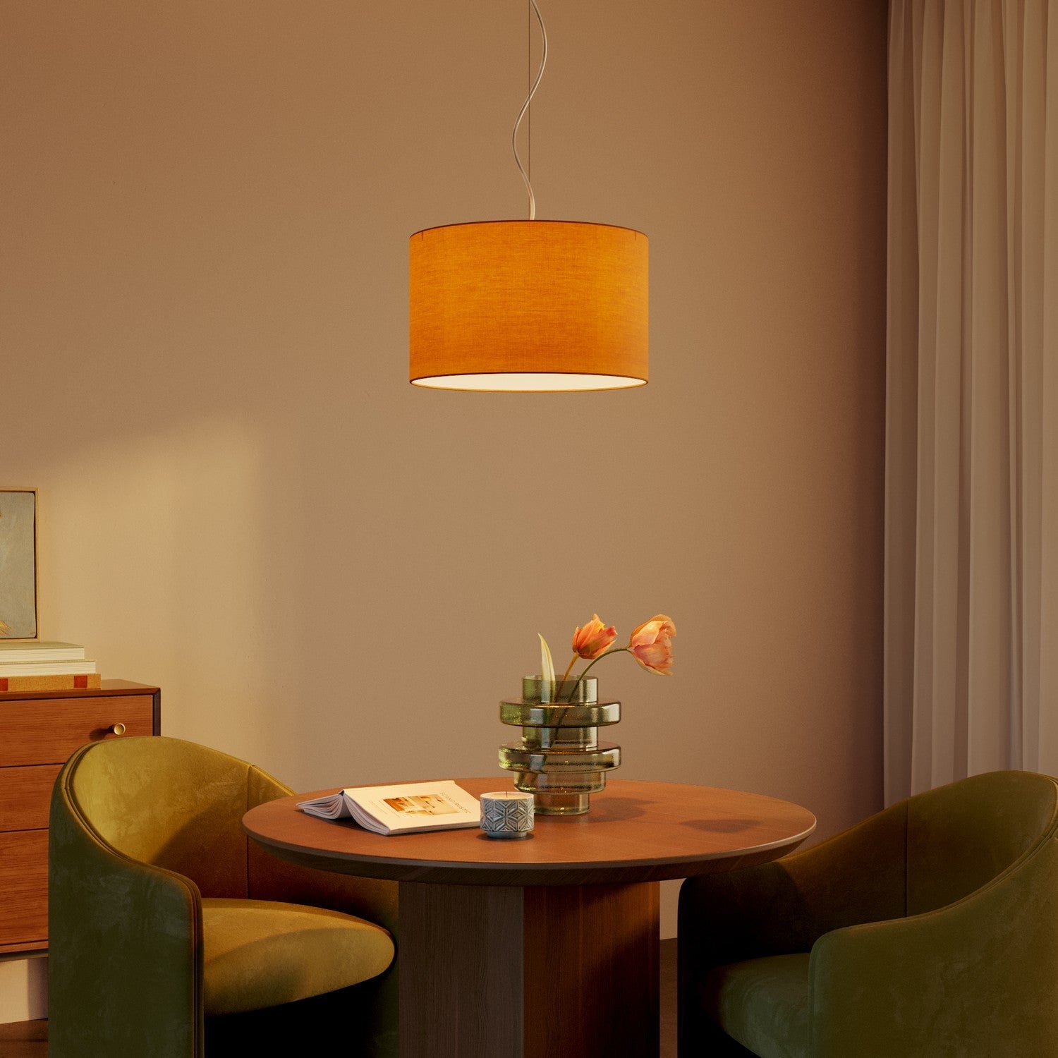 Lampada a sospensione con paralume in tessuto Cilindro Small Teletta mandarino - Made in Italy No