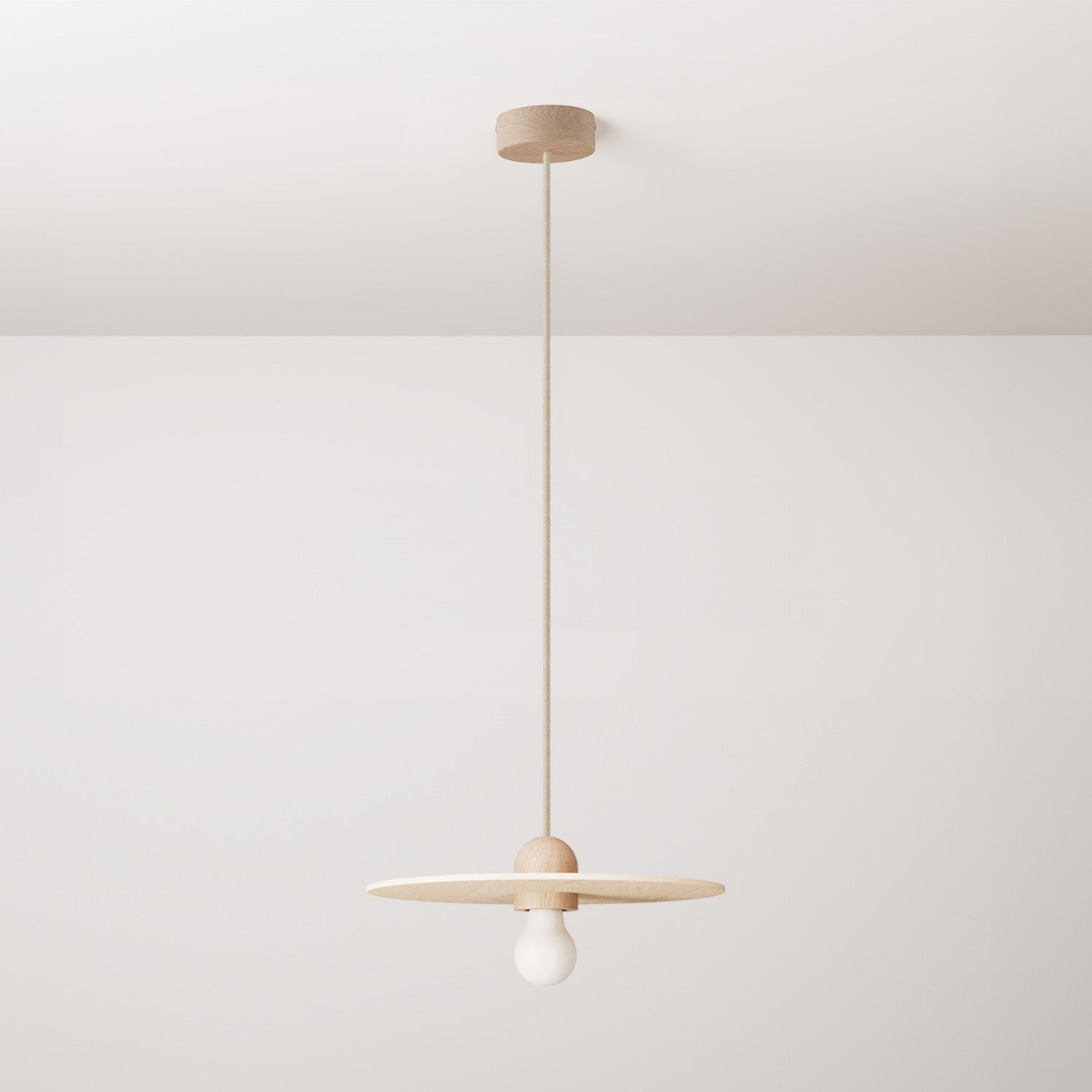 Lampada a sospensione in legno completa di cavo tessile e paralume UFO - Neutro - Creative Cables